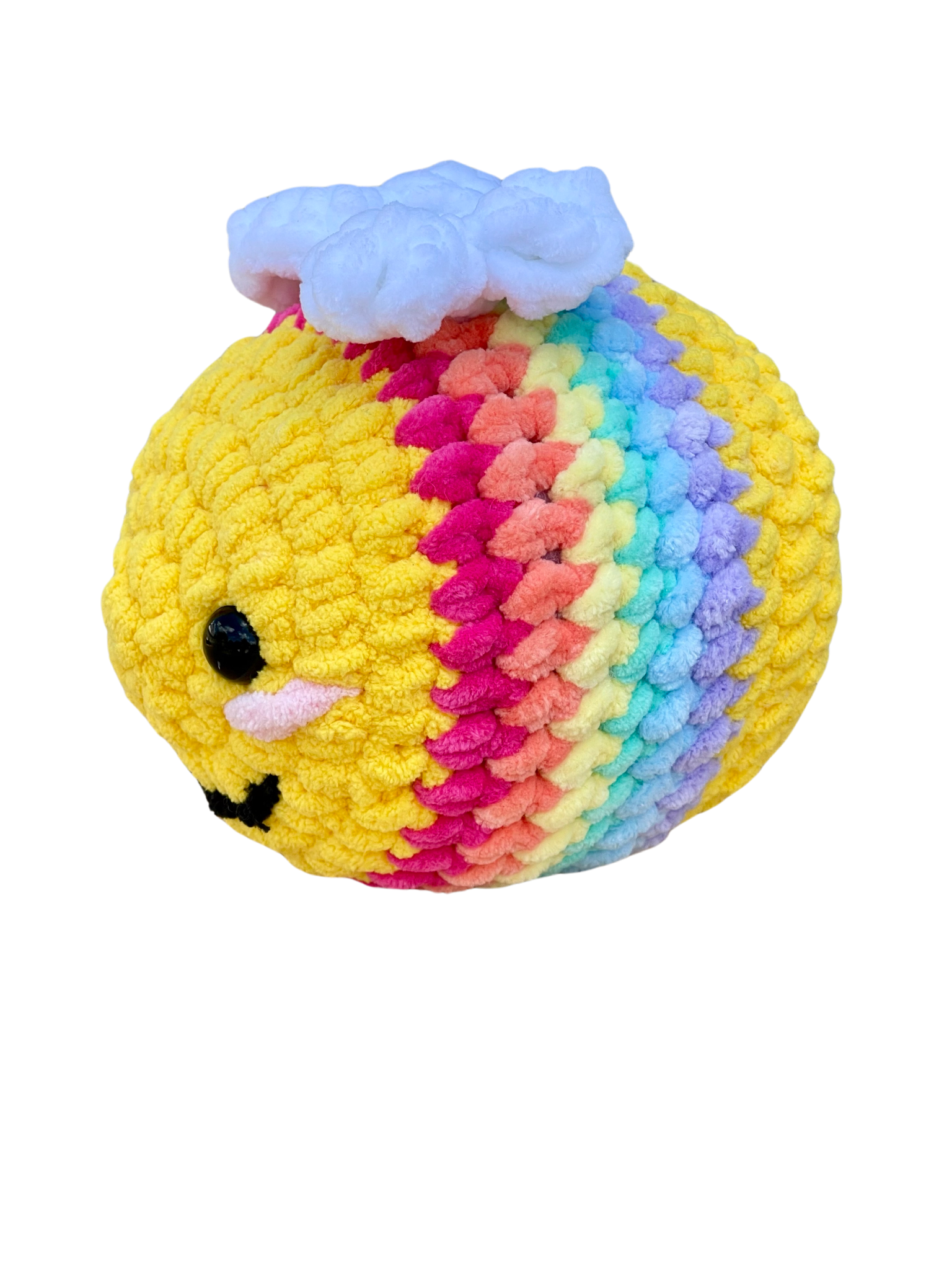 Side view of Rainbow Bumblebee crochet plush